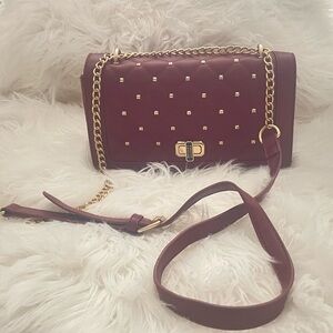 Badgley Mischka Quilted Shoulder Bag Burgundy with Gold Studs